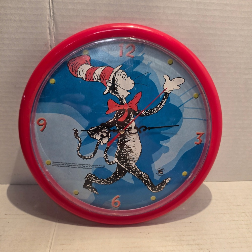 Dr Seuss The Cat in the Hat Wall Clock 2003 Movie Merchandise Red Blue 10 inch